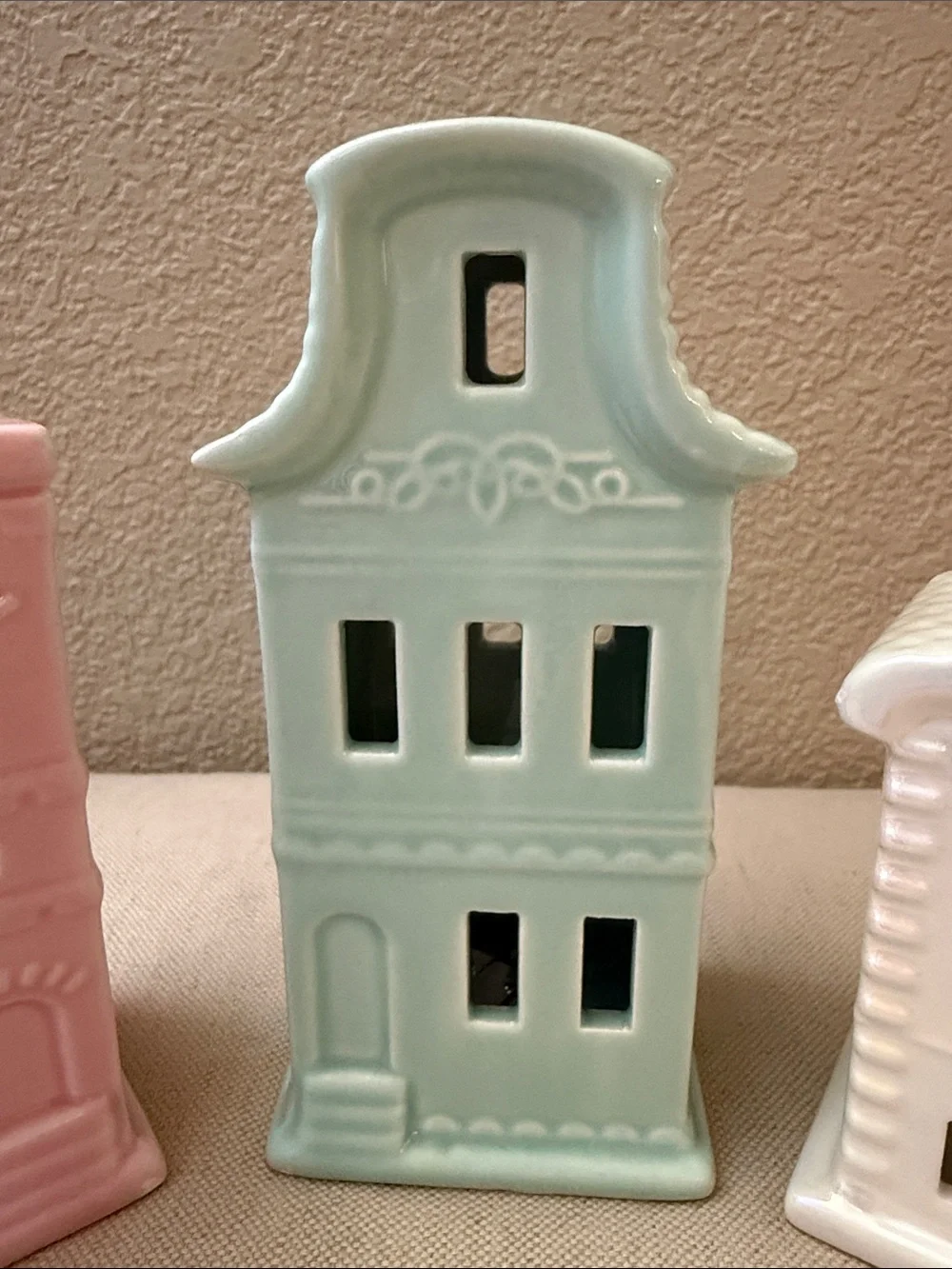 Set-of-3 Ceramic Light-up Village Pieces, 4.5”-6.25” high, bottom on/off switch
